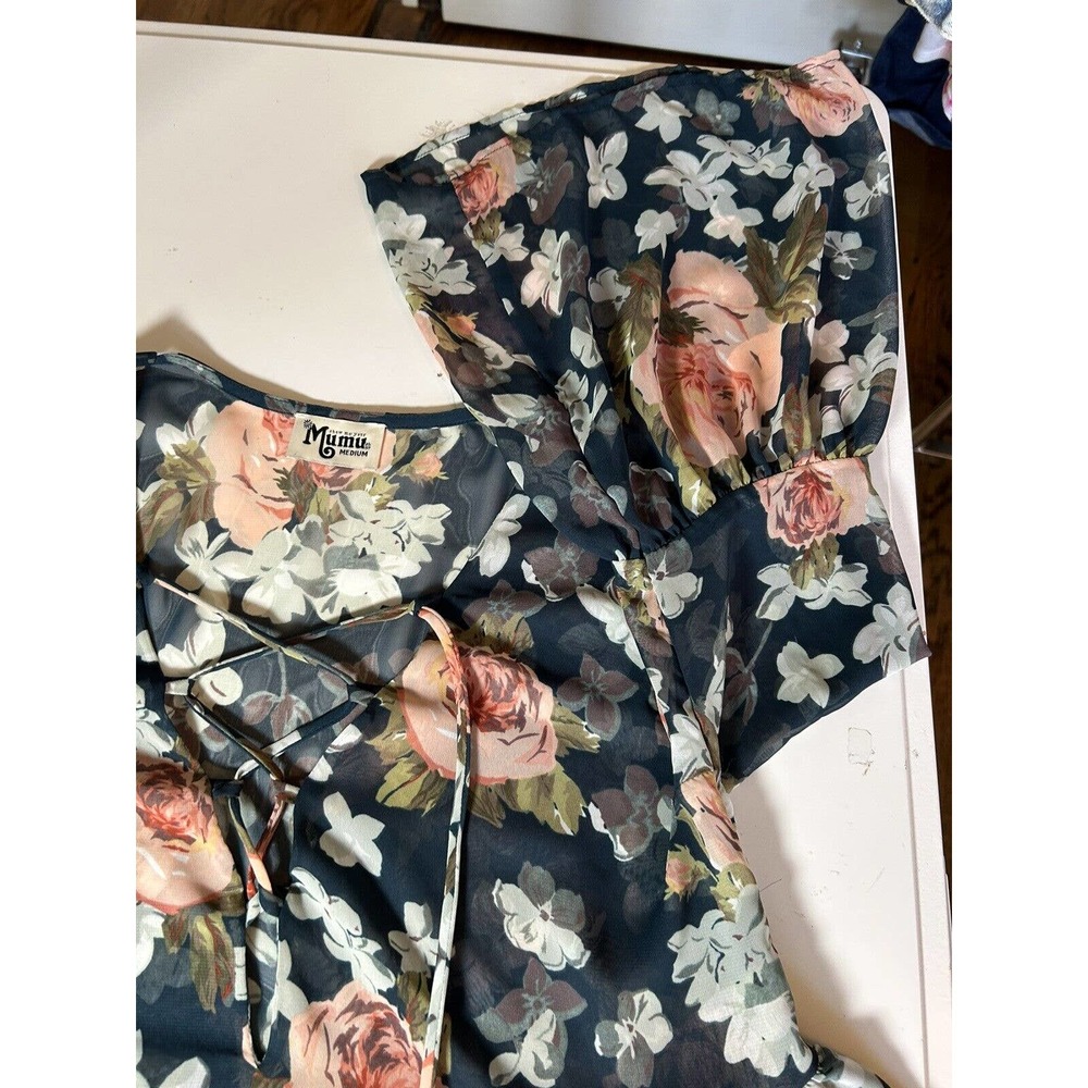 Show Me Your Mumu Womens Sz M floral Bell Sleeve Blouse black and pink see thru - Picture 6 of 8